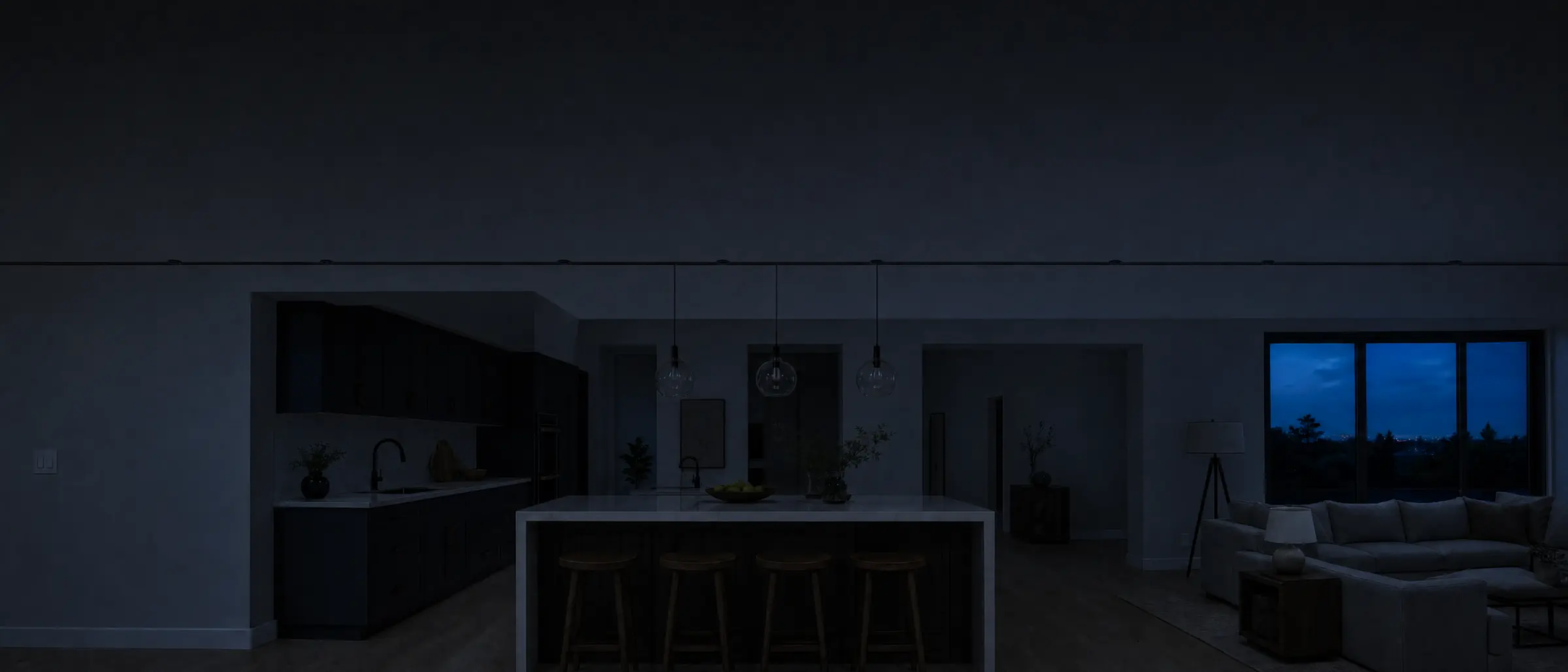 The lamps, the cabinet lights, the pendants and the ceiling lights of a room come on