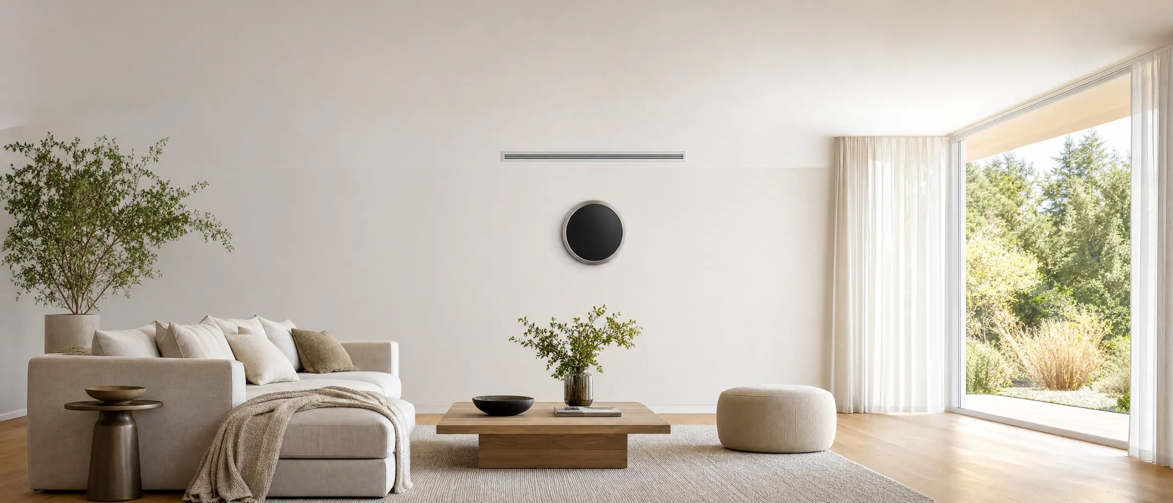 Cool air flows from a wall vent into a living room on a hot day