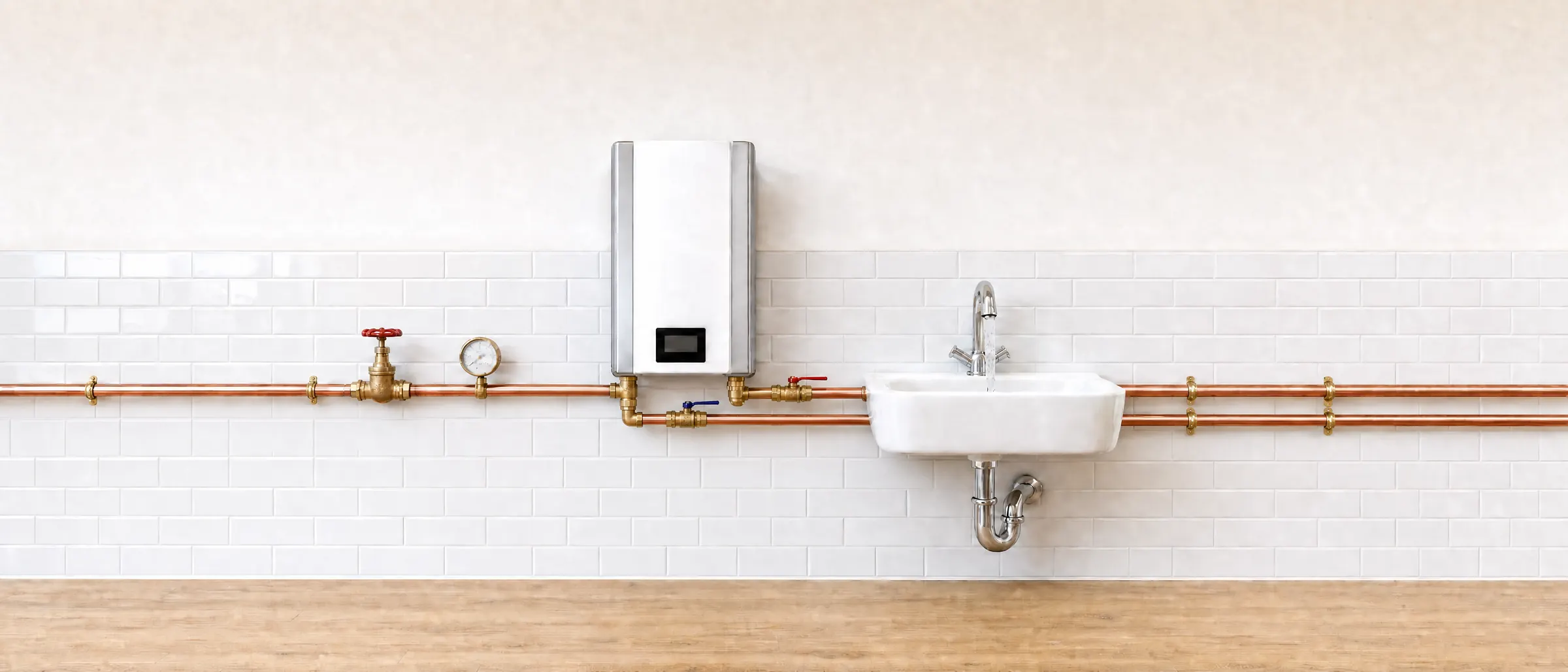 Copper water lines, a pressure gauge, a water heater and a faucet on a utility wall