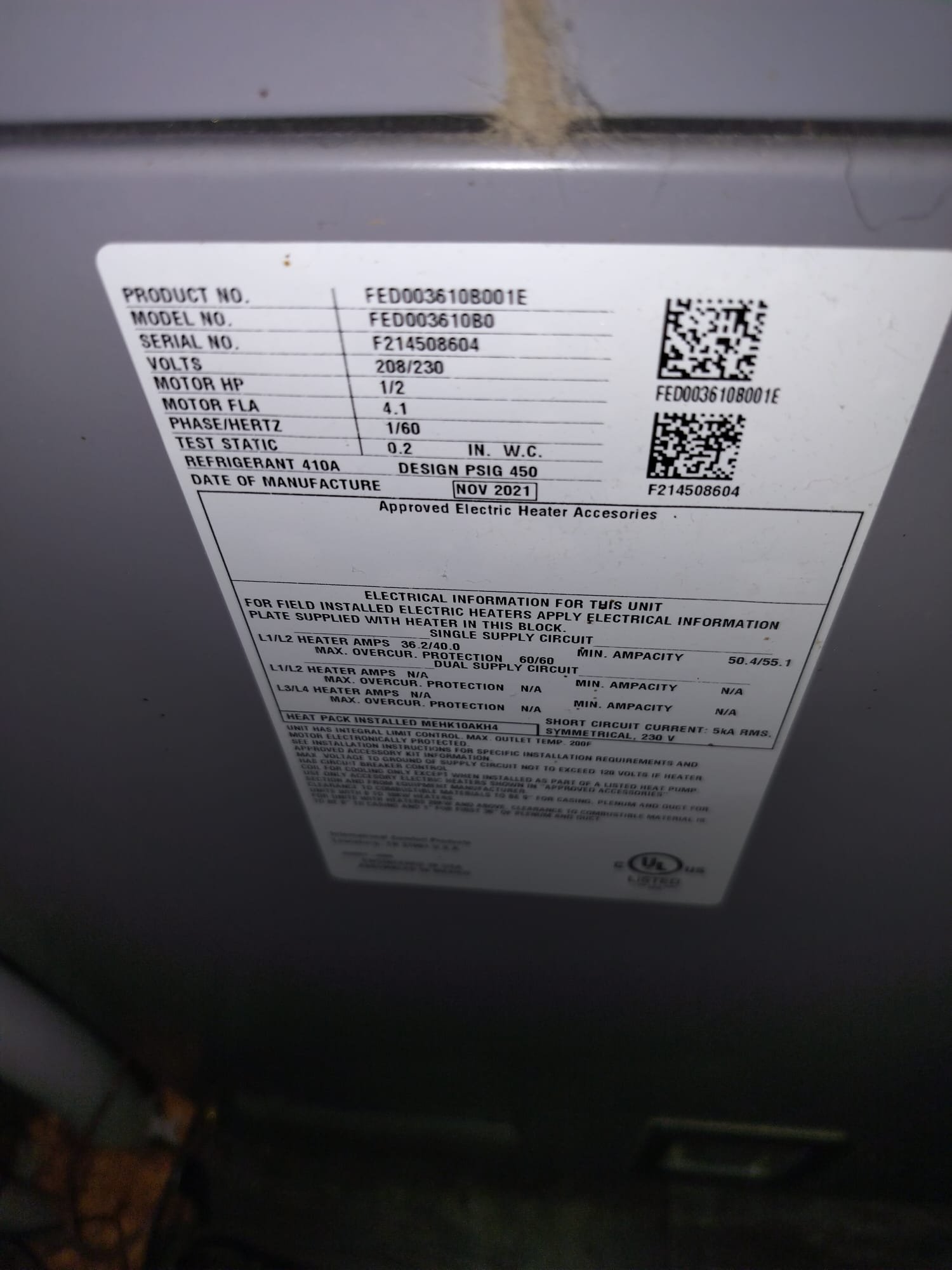 Equipment label on HVAC unit