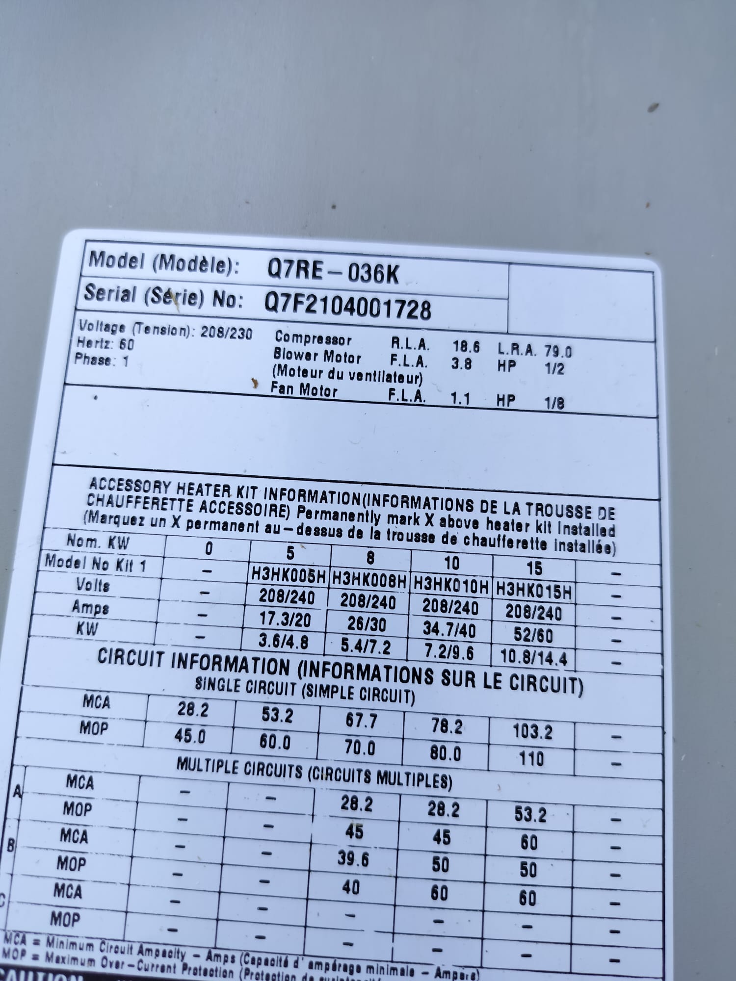 HVAC unit specification label