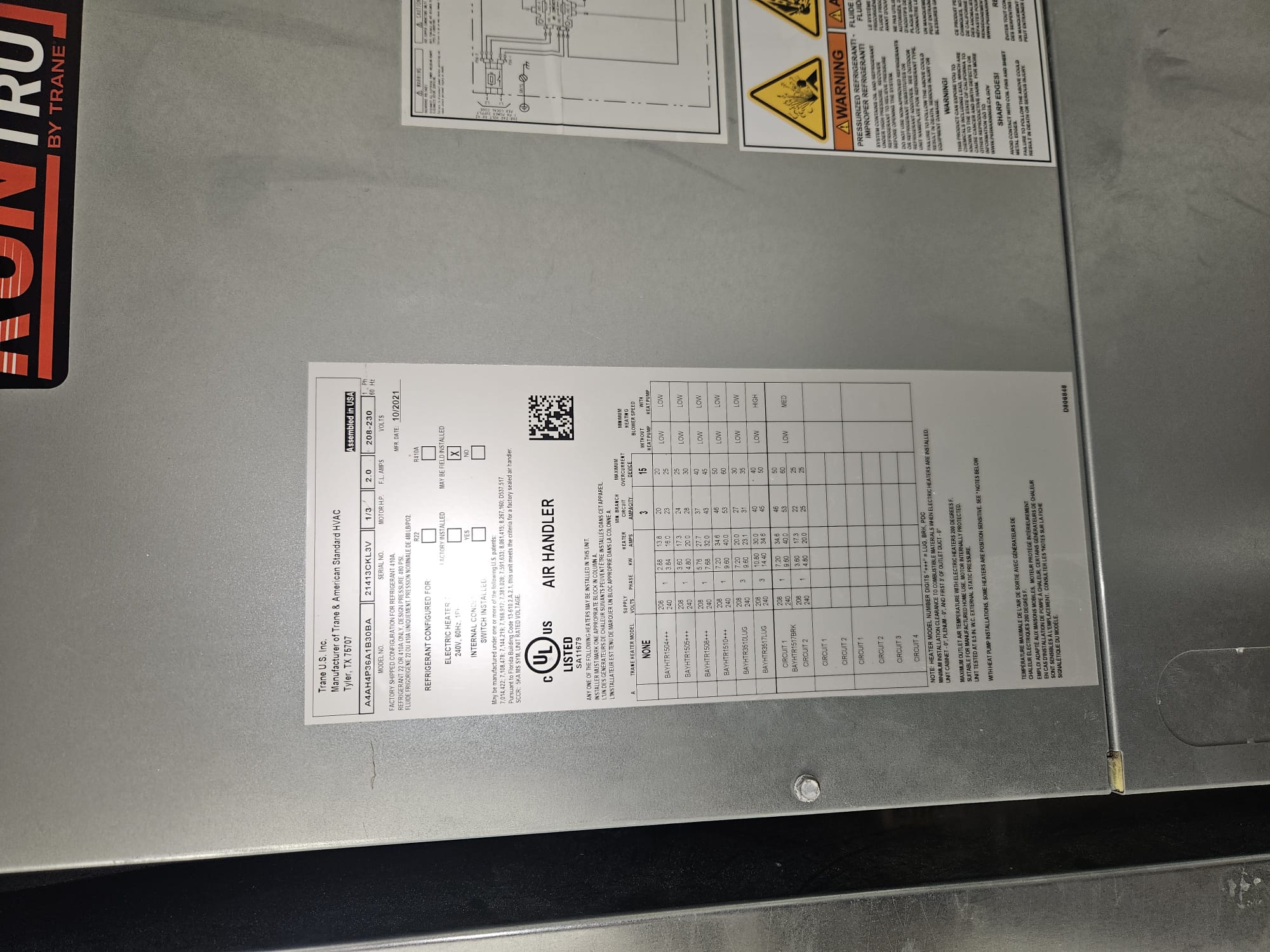 Trane Air Handler Label and Panel