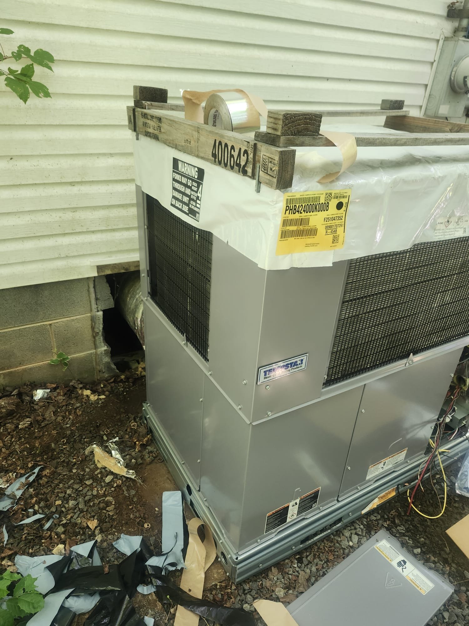 New packaged heat pump with shipping materials still attached