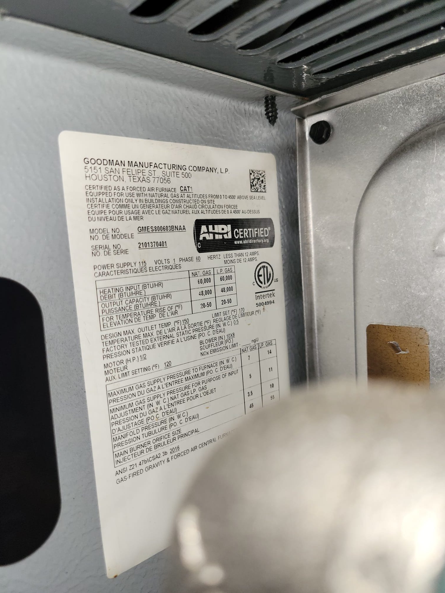 Data label on a Goodman furnace