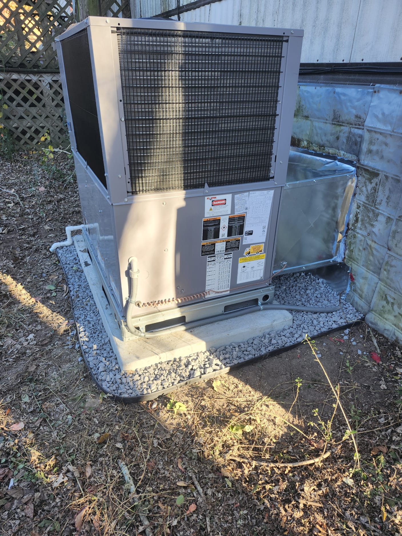 Newly installed package heat pump unit on pad