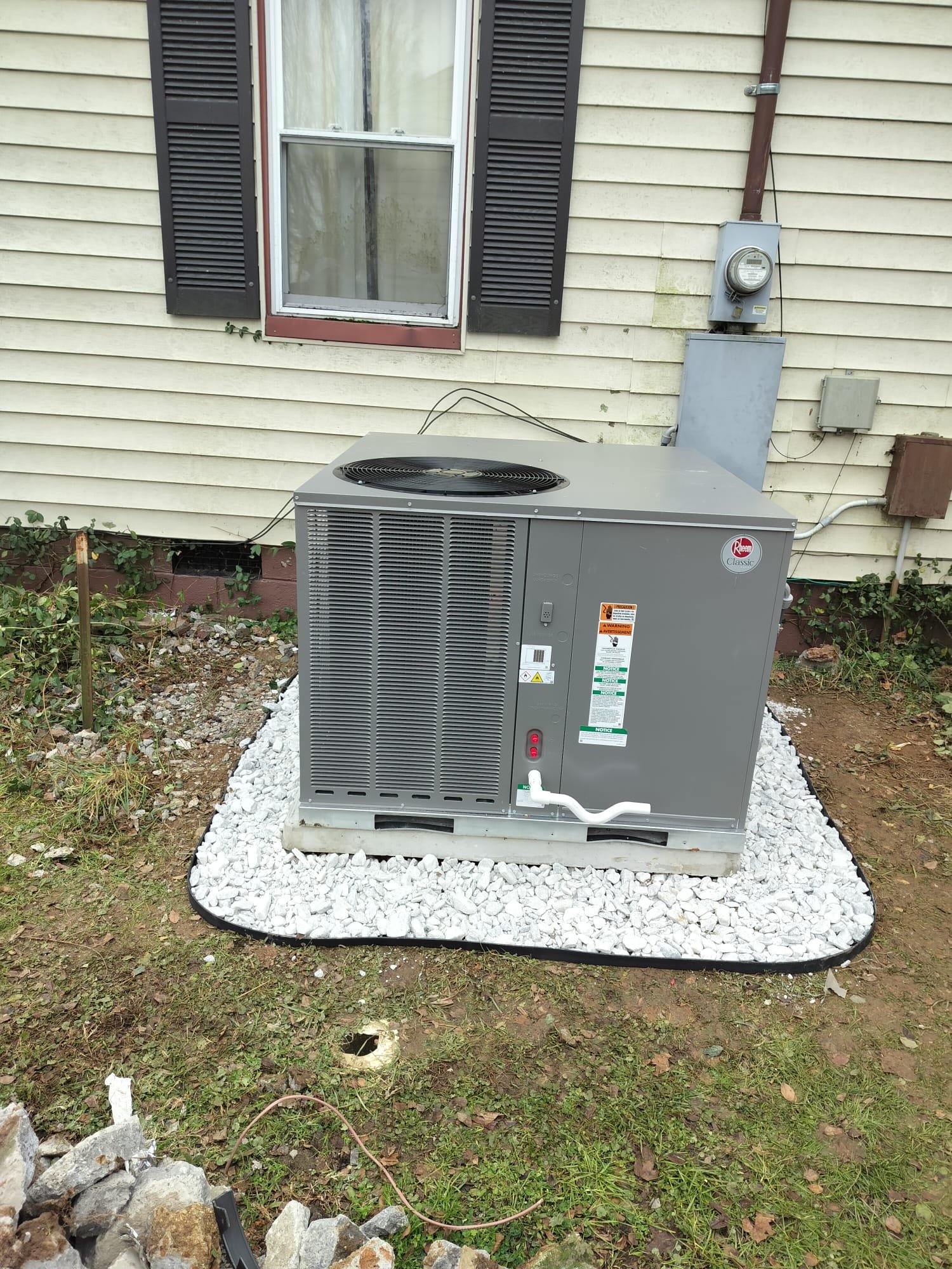New HVAC unit correctly placed on a concrete pad with gravel