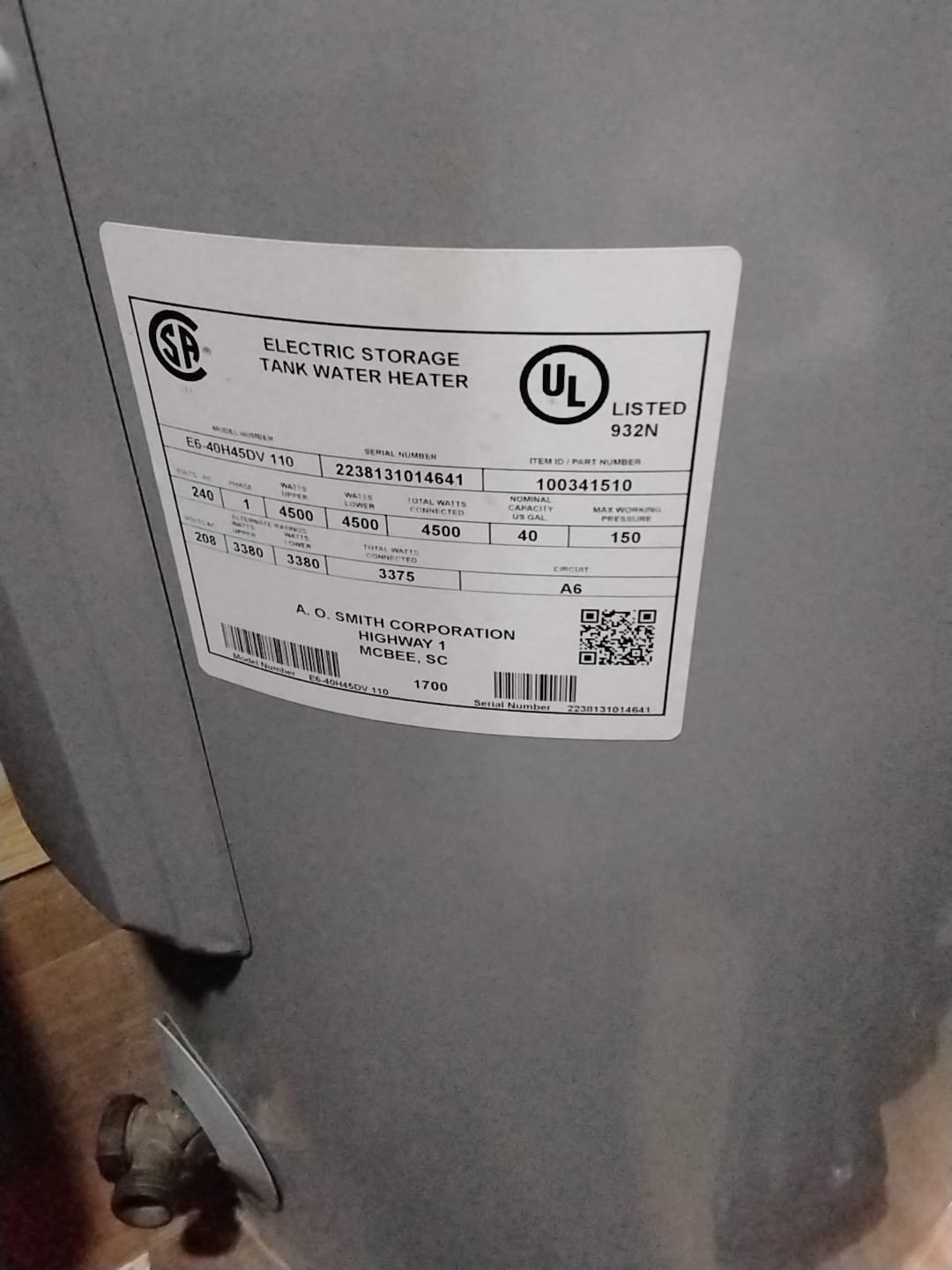 Electric storage tank water heater label