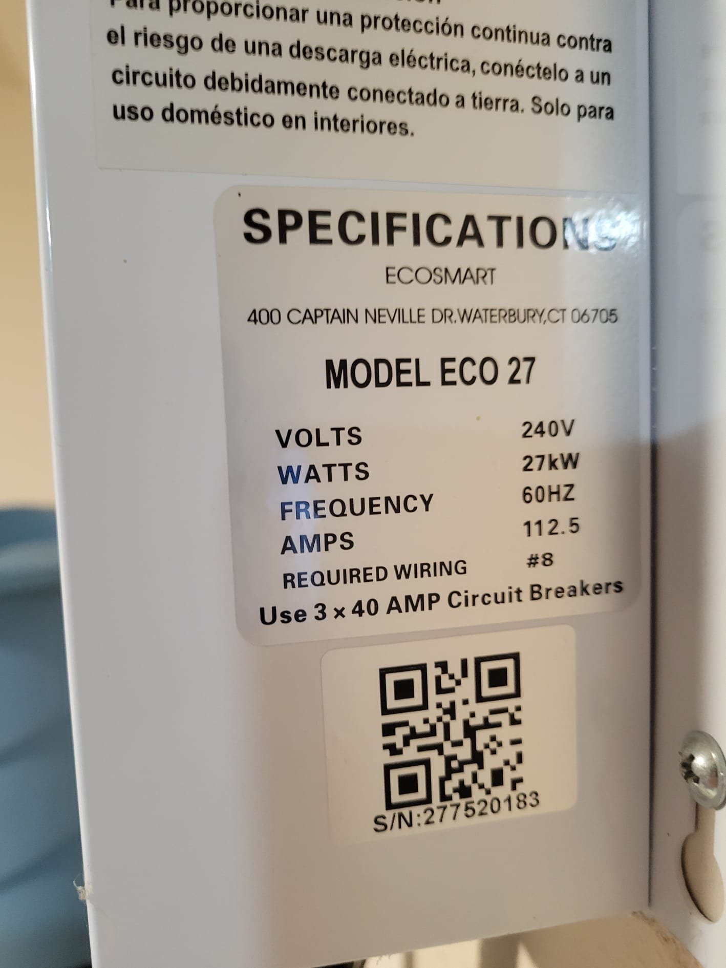 Specification label of EcoSmart Model ECO 27 tankless heater