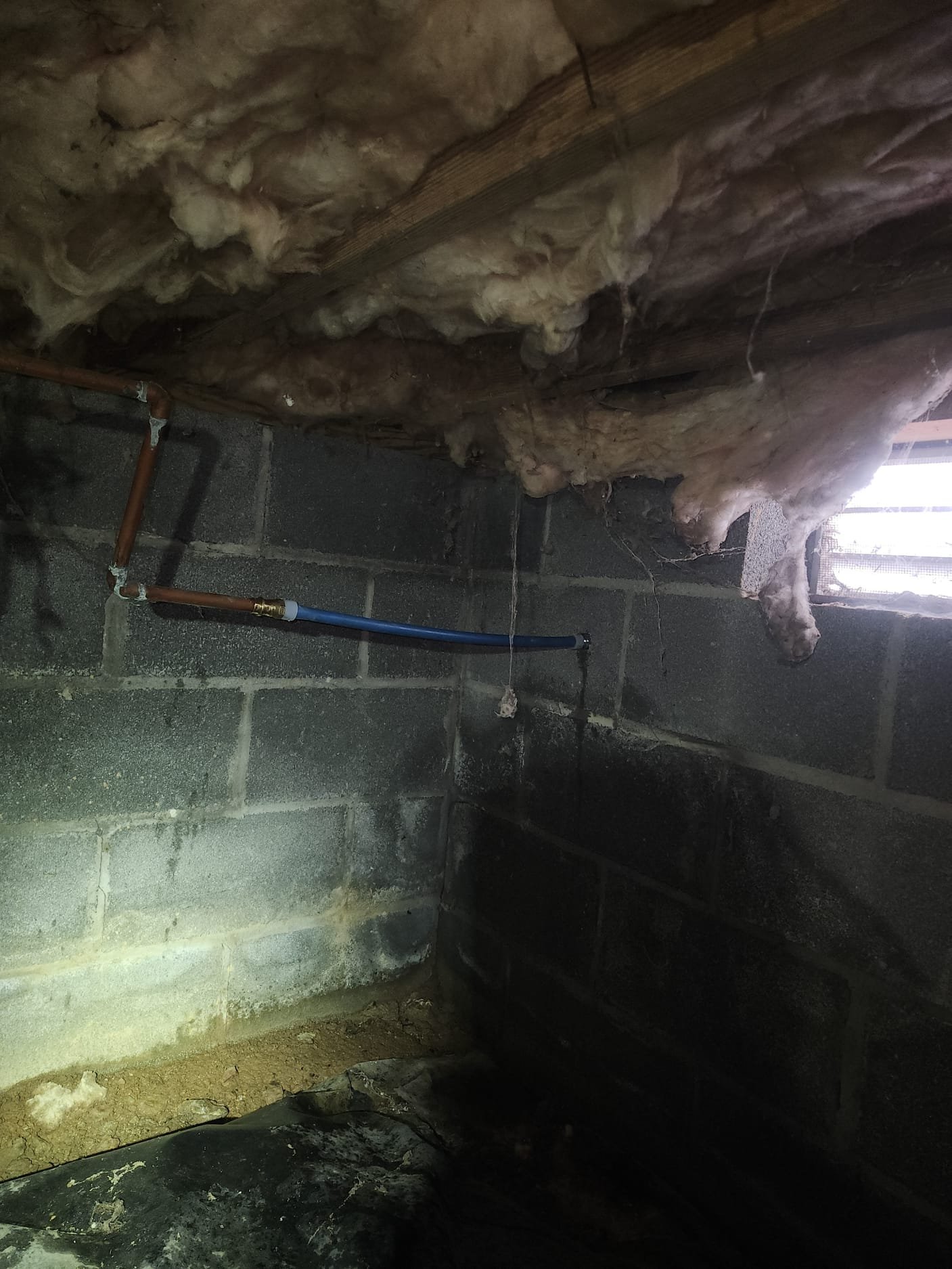 Crawl space plumbing with new PEX and copper pipes