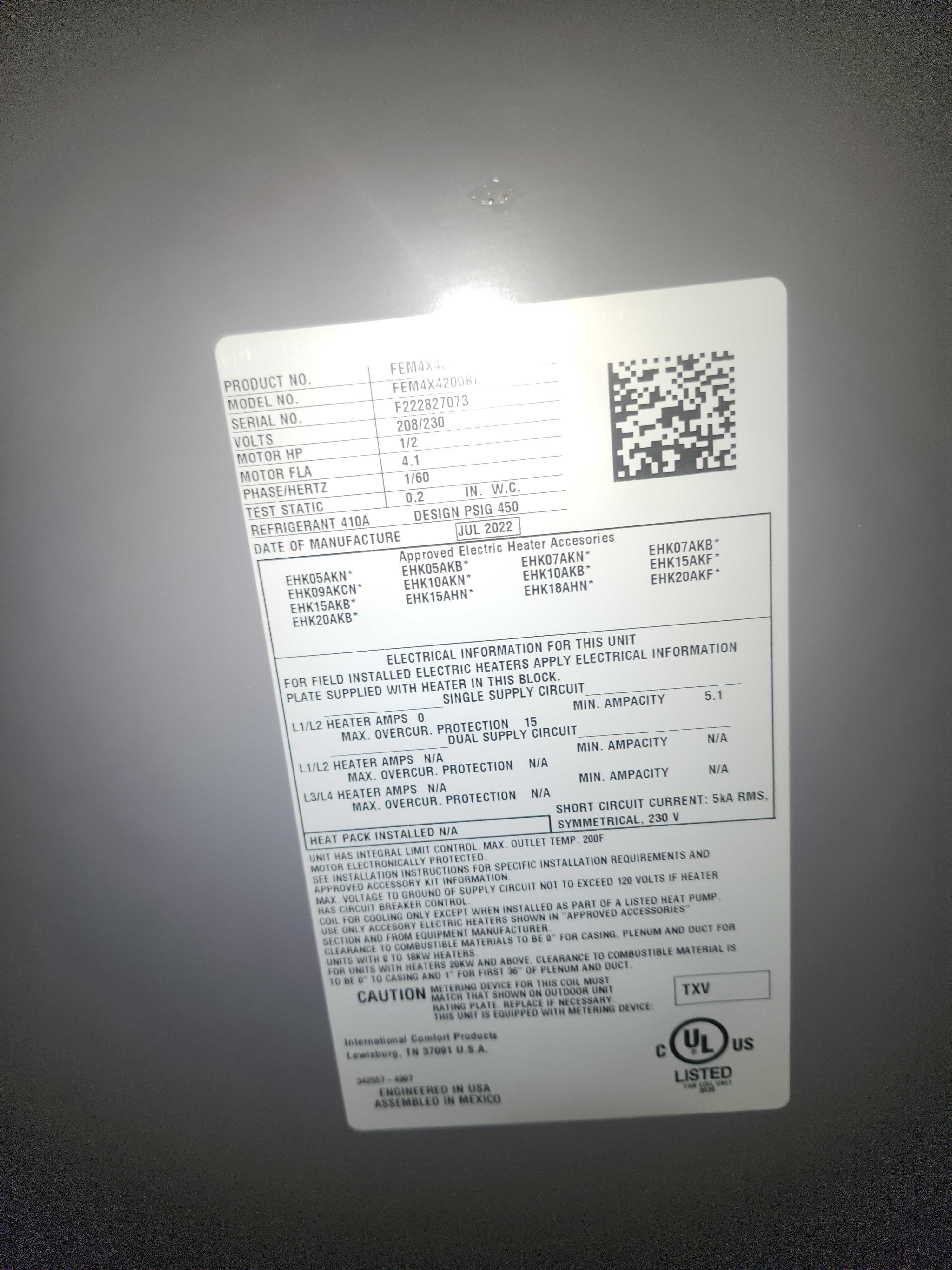Manufacturer’s data label on a new HVAC unit