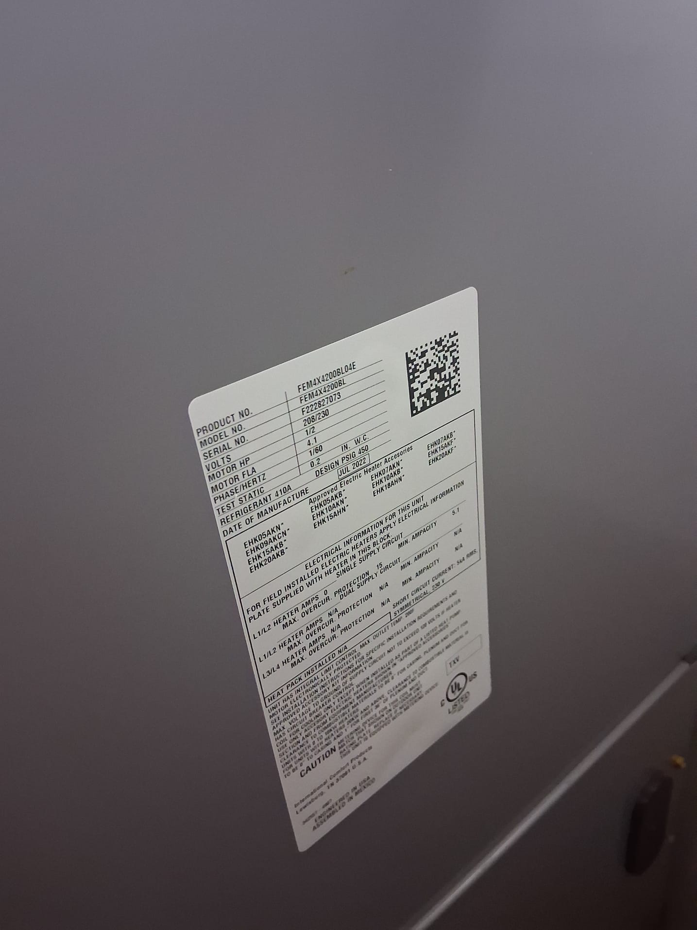 Close-up of the HVAC unit’s identification label