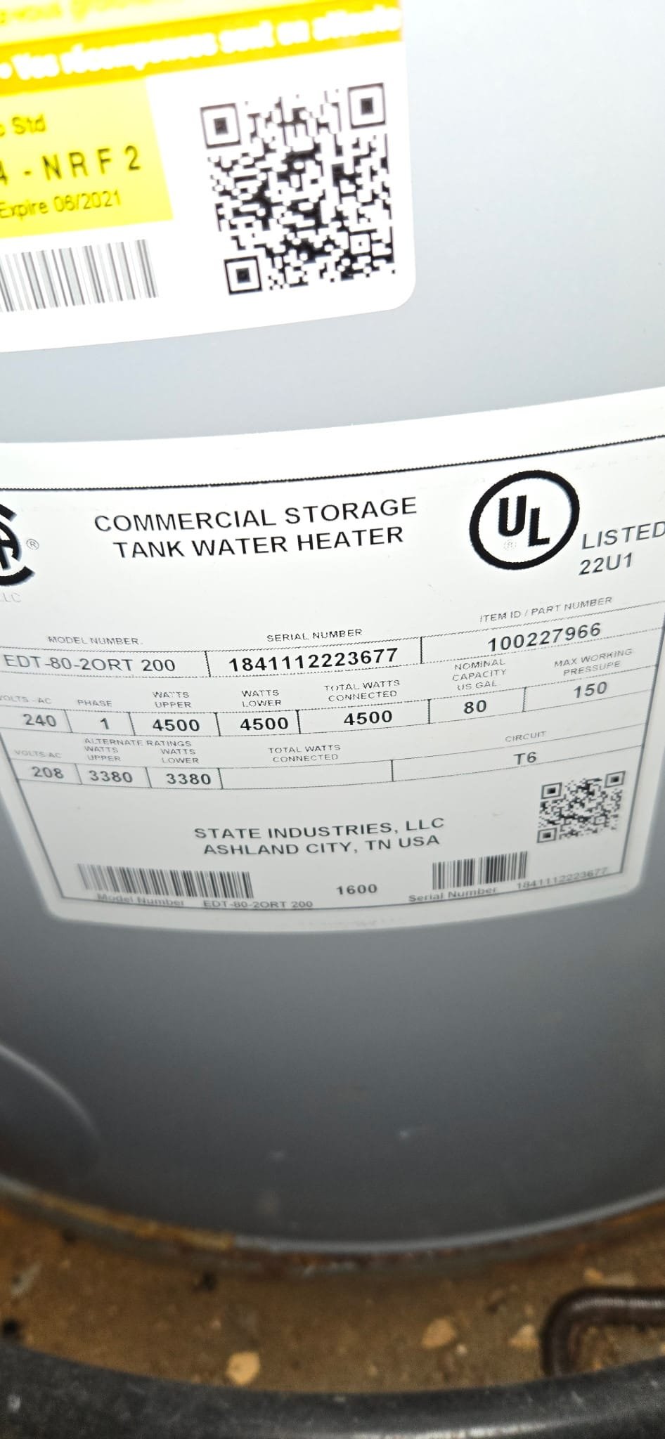 Water Heater Label Showing Capacity and Model Information
