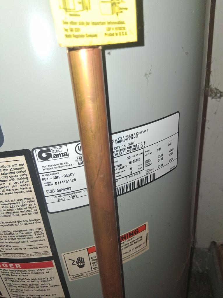 Close-up view of water heater labels and connections