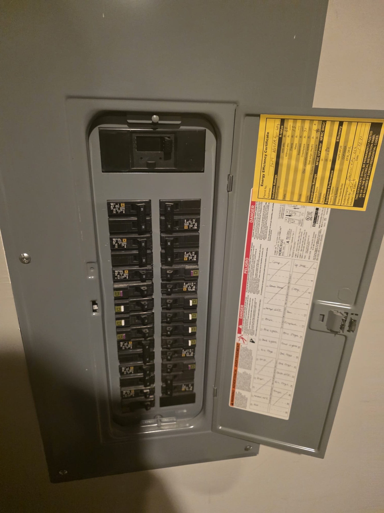 Newly installed breaker panel with clear labeling.