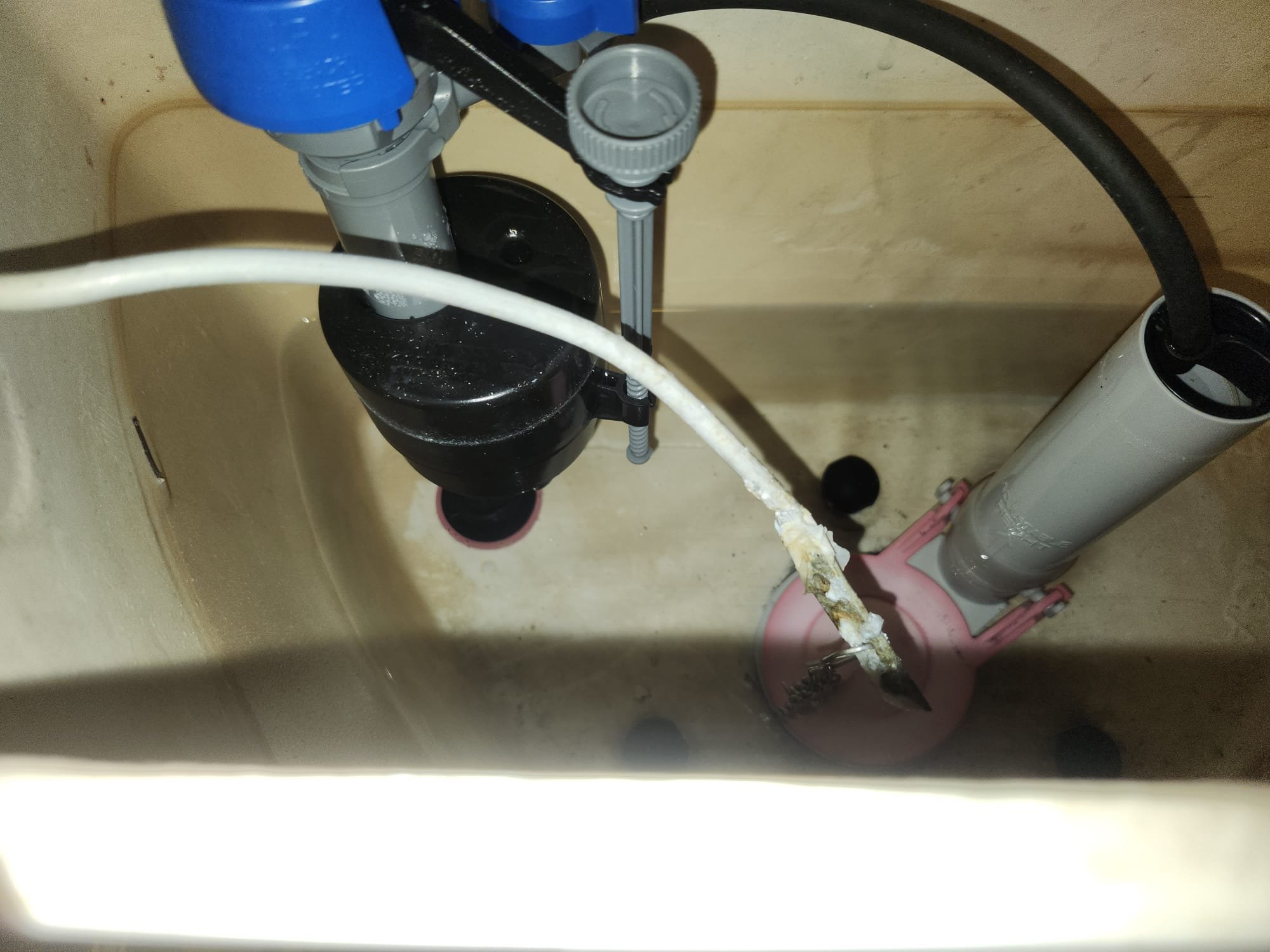 New flush valve and flapper assembly inside toilet tank