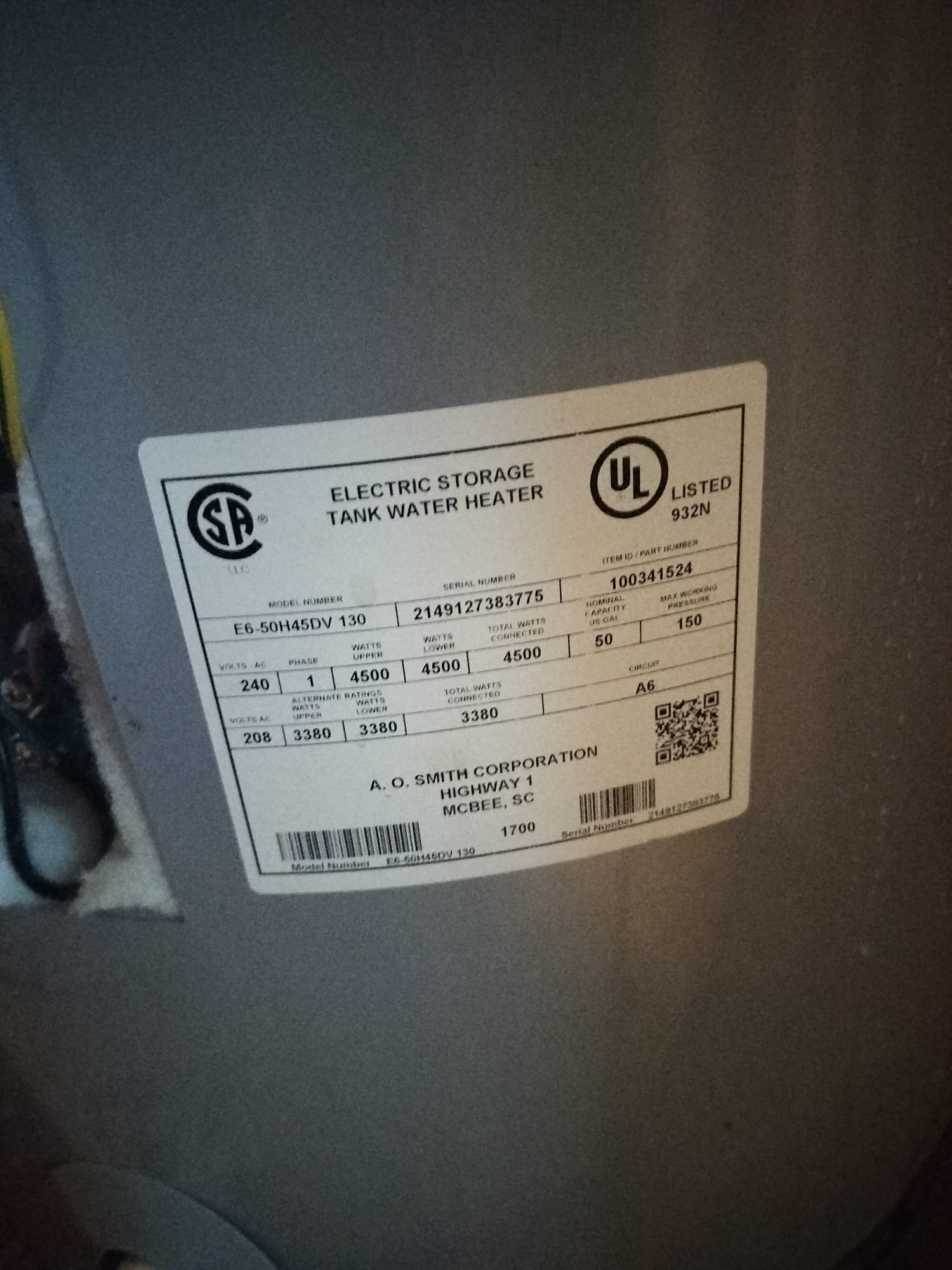 Water heater label with specs