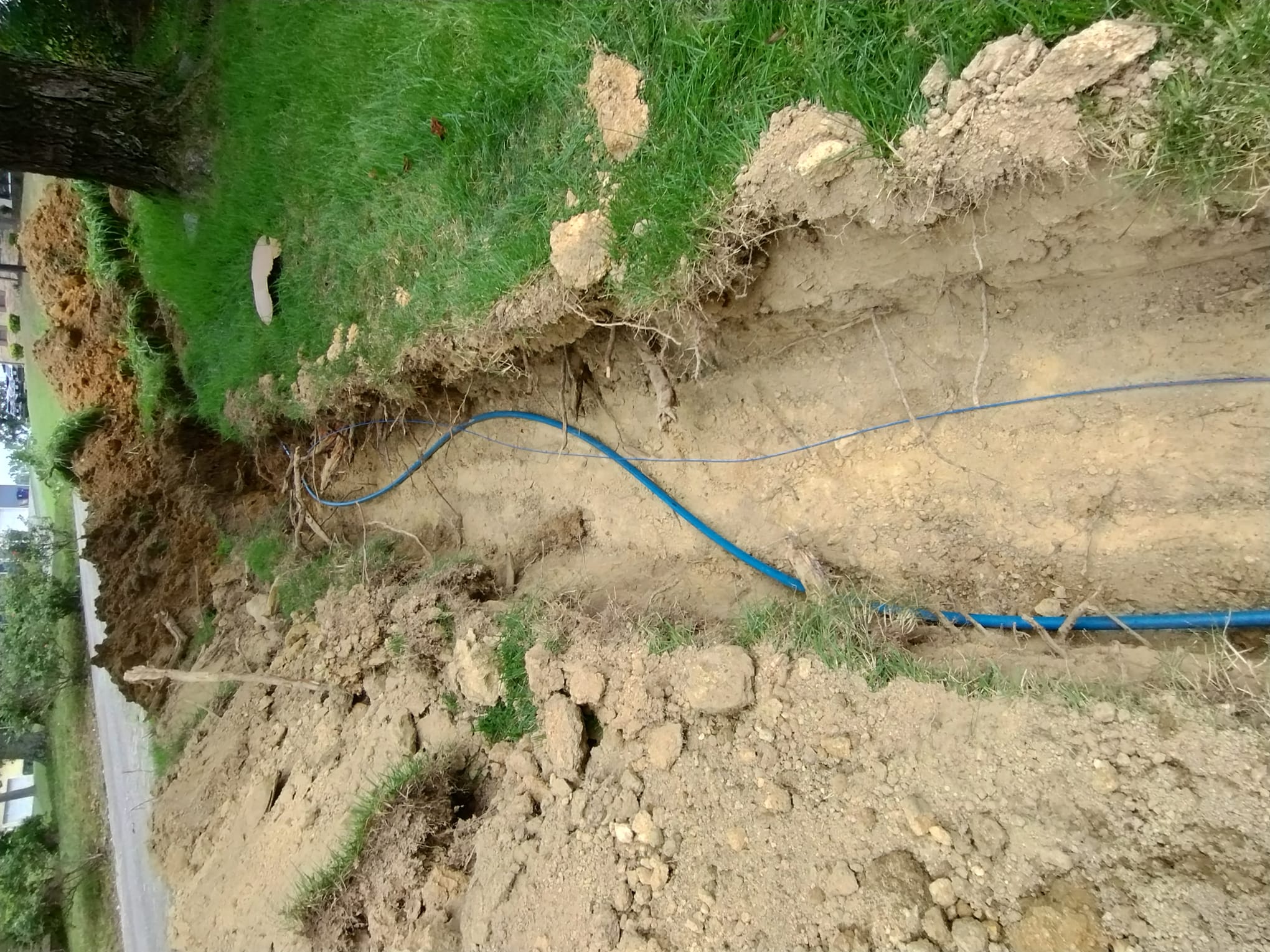 A trench with a newly placed blue water line showing active underground plumbing work