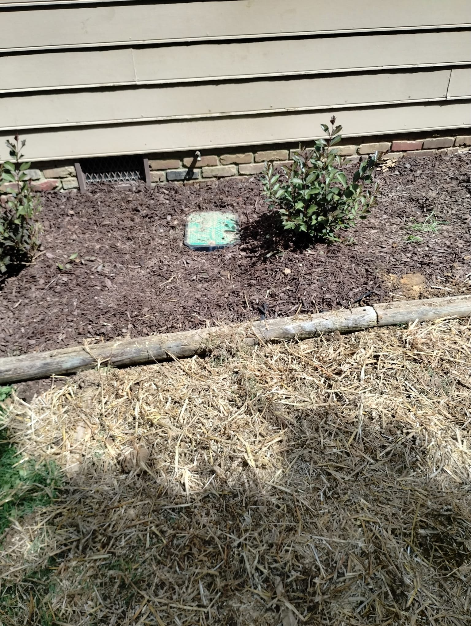 A restored yard area with straw covering newly finished underground plumbing work