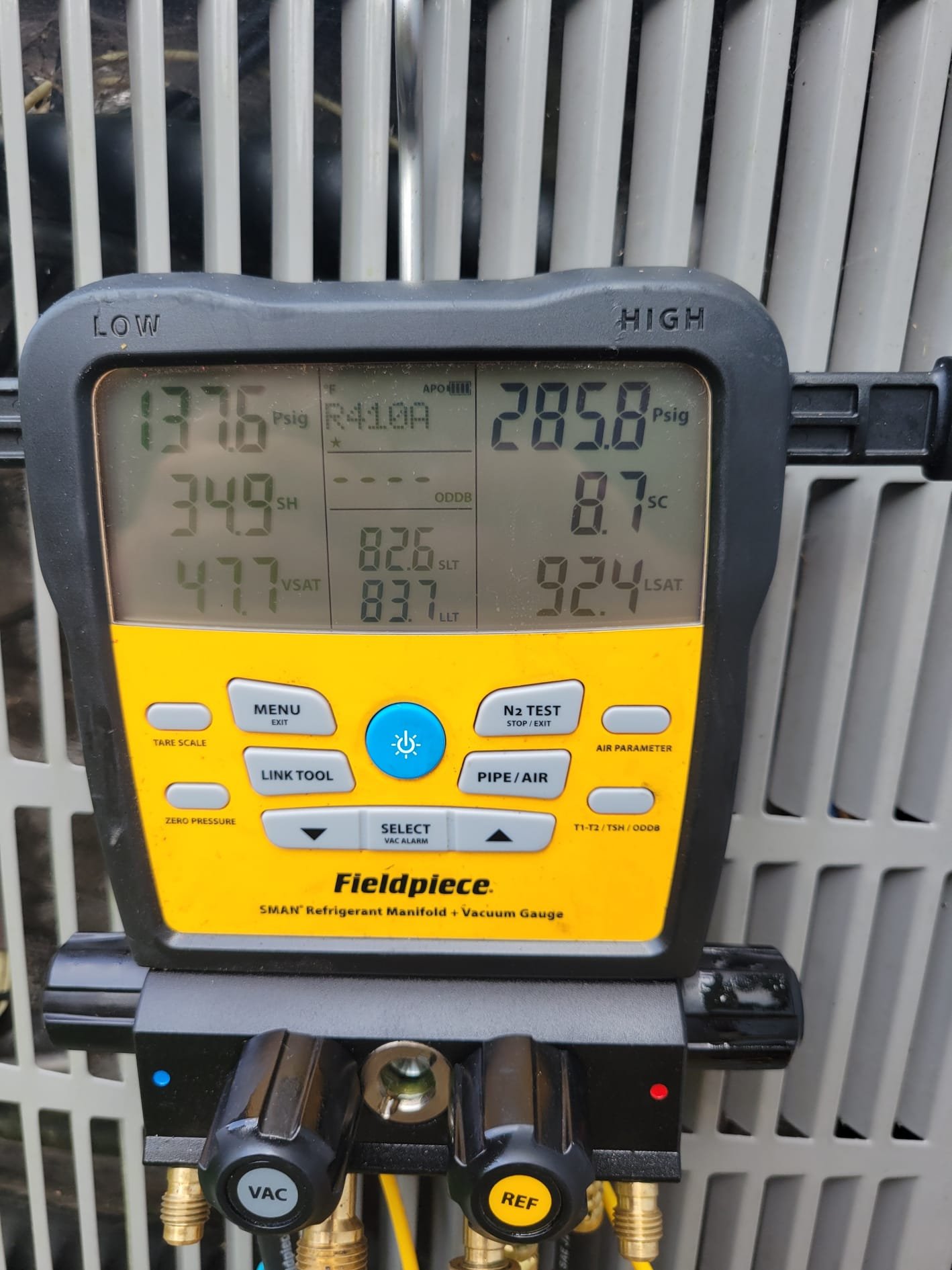 A refrigerant manifold used during HVAC service checks
