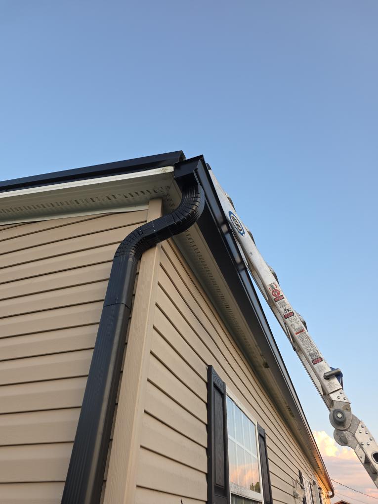 Roofline with a finished gutter system and an access ladder set for service work